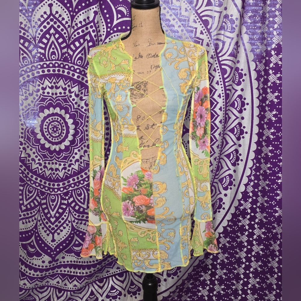 NWOT Fashion Nova Multicolor Lace-Up Sheer Dress